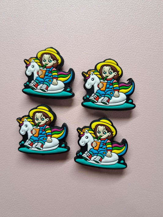 Chucky Horror Killer on White Unicorn Floatie with Drink Silicone Focal Bead