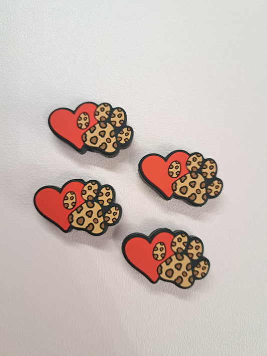 Red Heart with Brown Leopard Paw Print Silicone Focal Bead