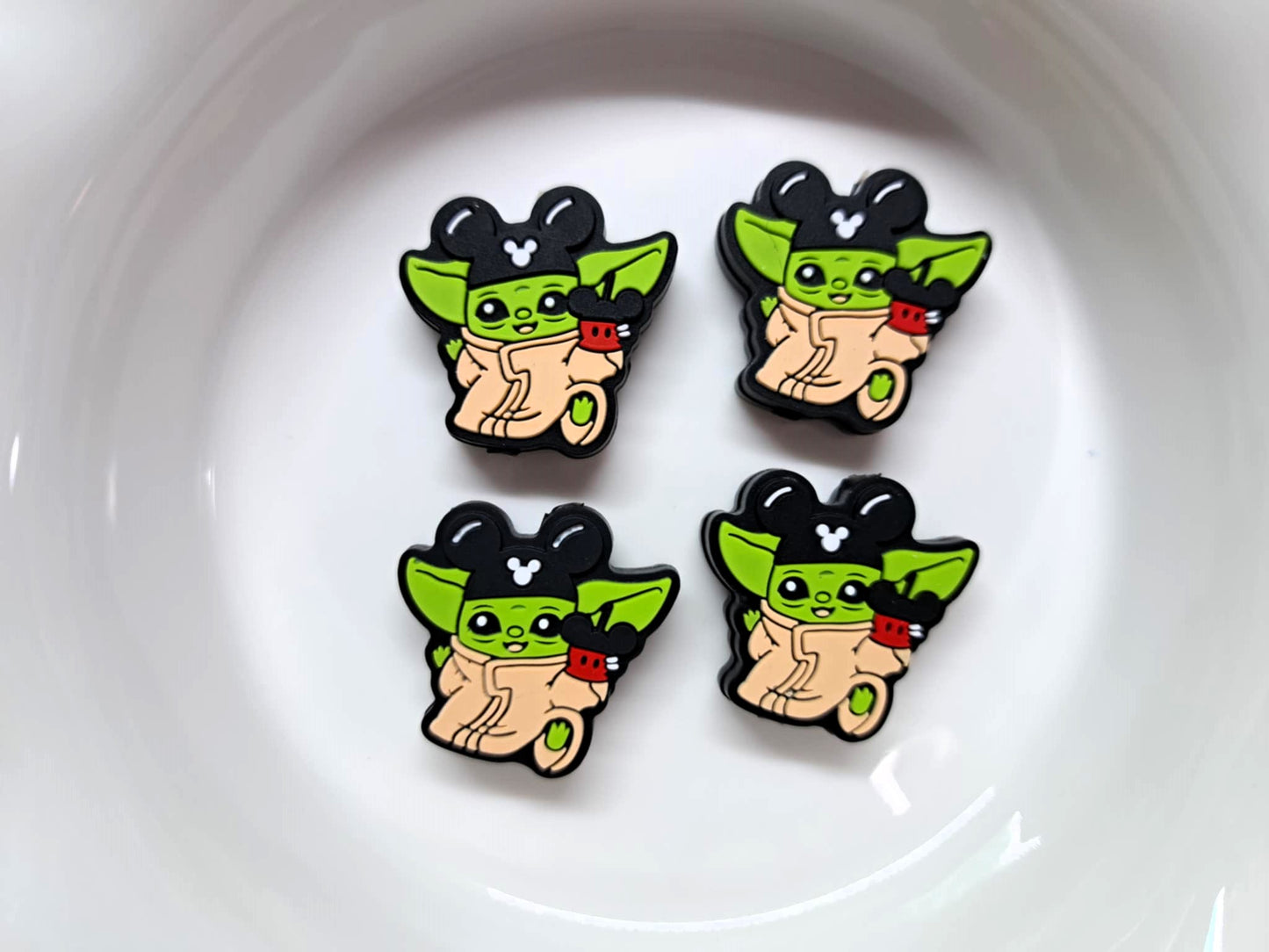 Baby Yoda in Mickey Hat Holding Candy Apple Silicone Focal Bead