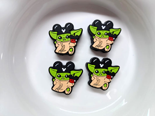 Baby Yoda in Mickey Hat Holding Candy Apple Silicone Focal Bead