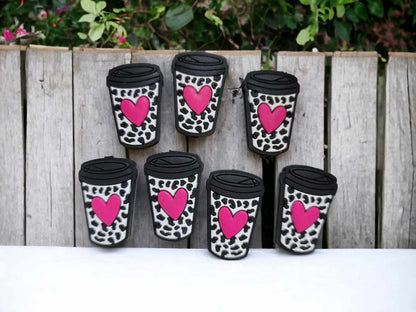 Leopard Print with Red or Pink Heart Coffee Drink Silicone Focal Bead - 0337