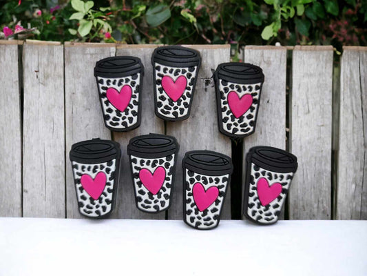 Leopard Print with Red or Pink Heart Coffee Drink Silicone Focal Bead - 0337