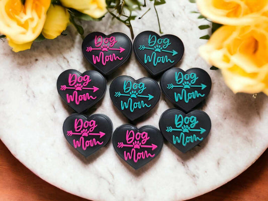 Dog Mom: Black Heart with Pink or Blue Lettering Silicone Focal Bead - 0488