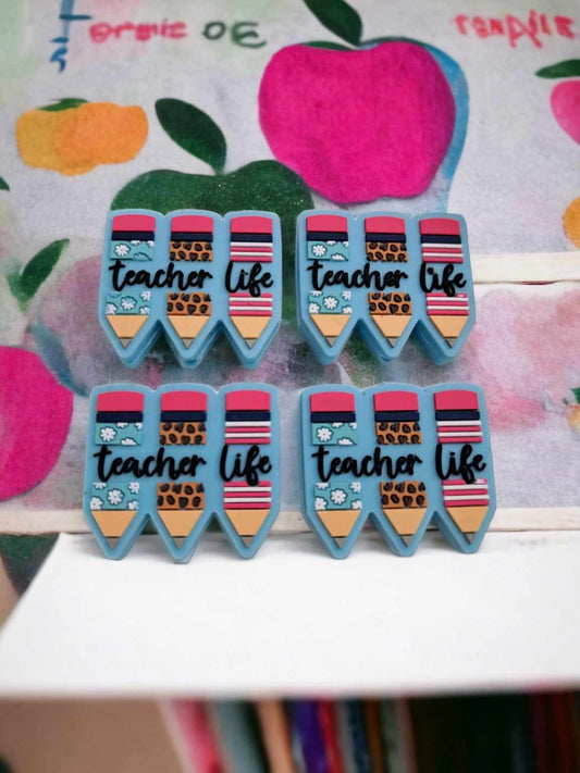 Teacher Life: Blue Three Pencils Silicone Focal Bead - 0527