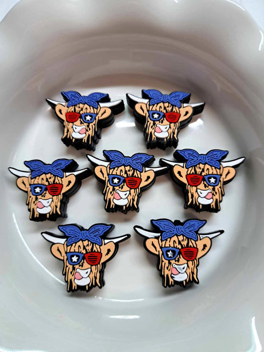 Highland Cow: Red, White & Blue with Sunglasses and Hair Band Silicone Focal Bead - 0471