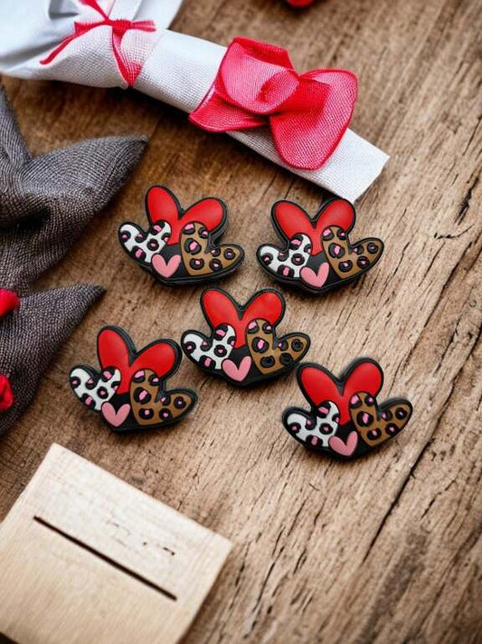 4 Hearts with Red, Pink, & Brown and White Leopard Pattern Silicone Focal Bead - 0532
