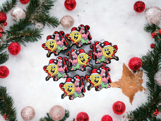 SpongeBob & Patrick with Santa Hat - Candy Cane Christmas Silicone Focal Bead - 0424