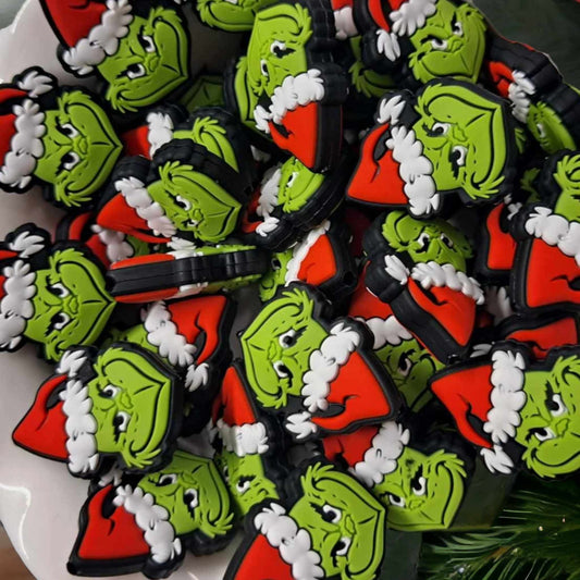 Grinch Head - Mean One with Red Santa Hat Silicone Focal Bead - 0012