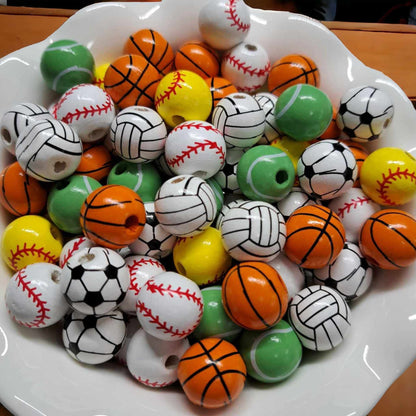 Sports Balls 16mm Wood Printed Beads - 1016