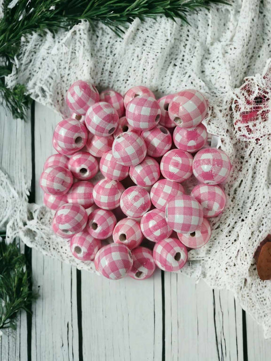 Pink and White Plaid 16mm Wood Printed Beads - 1088