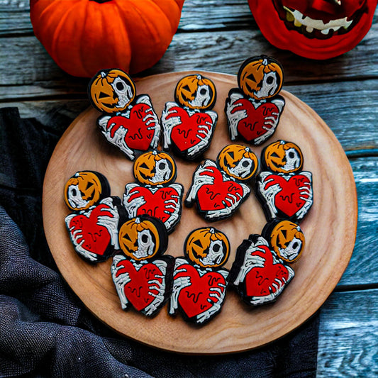 Pumpkin head/Skeleton Holding a Red Heart Silicone Focal Bead - 0126