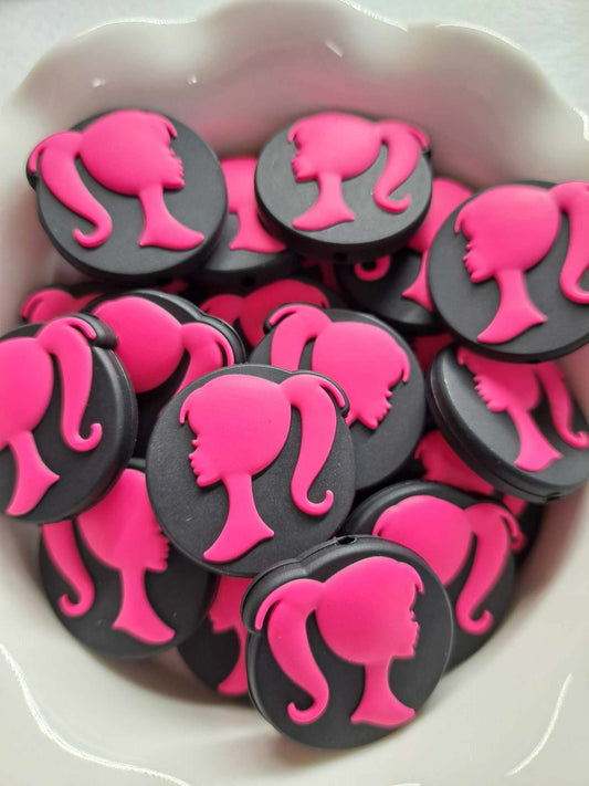 Pink Barbie Silhouette on Black Circle Silicone Focal Bead - 0244