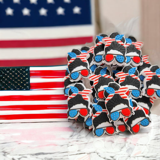 Messy Bun Girl: American Flag Silicone Focal Bead - 0207