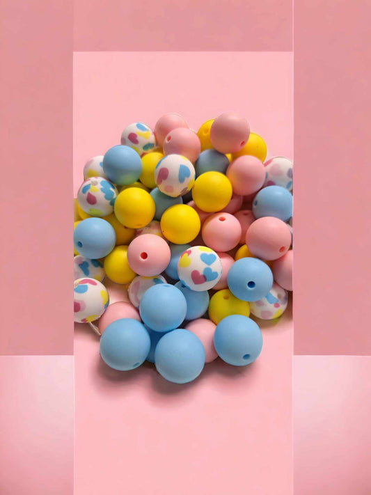 Pastel: Pink, Blue, Yellow, and Heart Print Mix (4 Piece Mix) - 15mm Silicone Bubblegum Beads - 1050