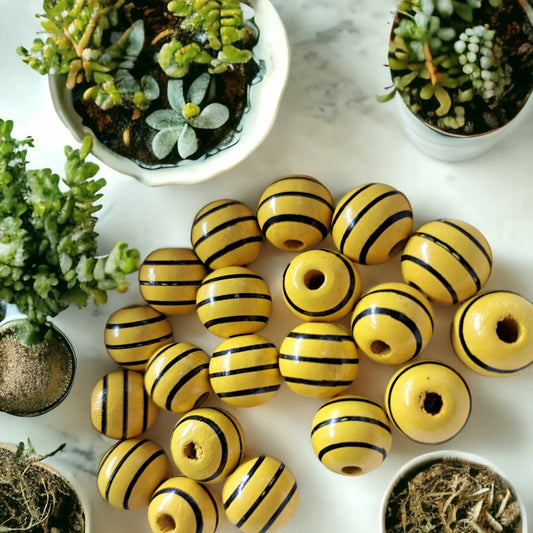 Yellow with Black Stripe 15mm Wood Printed Beads - 1032