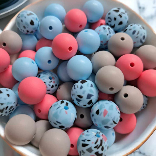 Pink, Blue, Gray, and Blue Terrazzo Print Mix (4 Piece Mix) - 15mm Silicone Bubblegum Beads - 1047