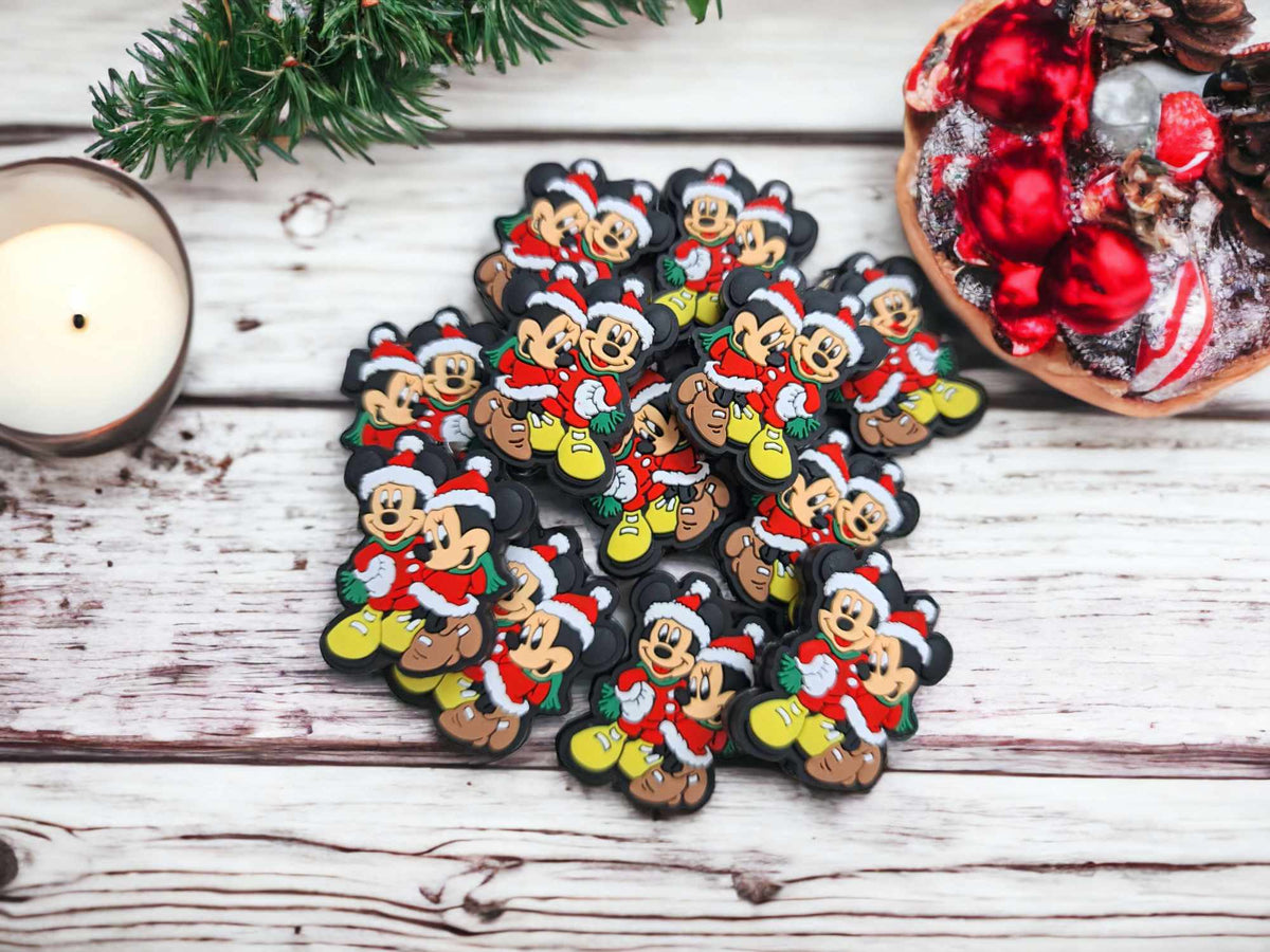 Mickey and Minnie in Red Christmas Suits Silicone Focal Bead - 0177