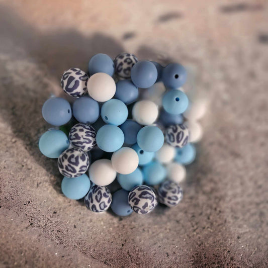 Blue and Blue Leopard Mix (4 Piece Mix) - 15mm Silicone Bubblegum Beads - 1043
