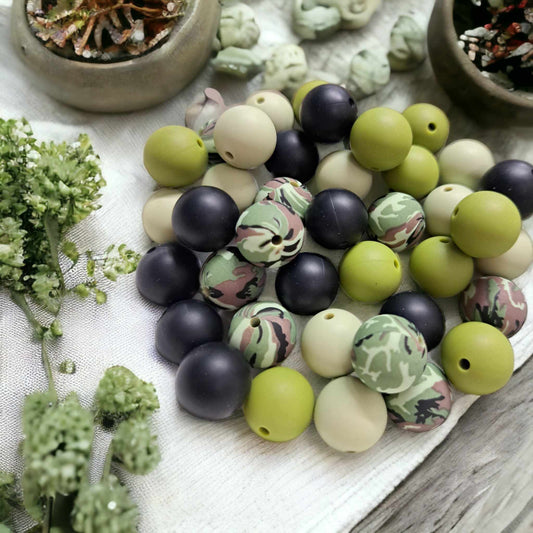 Green with Camo Print Mix (4 Piece Mix) - 15mm Silicone Bubblegum Beads - 1045