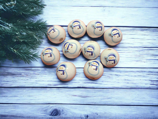Blue Snowman: Christmas 15mm Wood Printed Beads - 1035