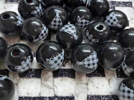 Black Plaid Christmas Tree 15mm Wood Printed Beads - 1056