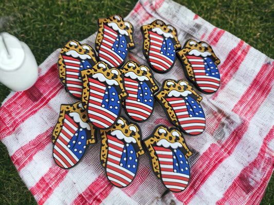 Lips & Tongue American Flag with Leopard Print Silicone Focal Bead - 0280
