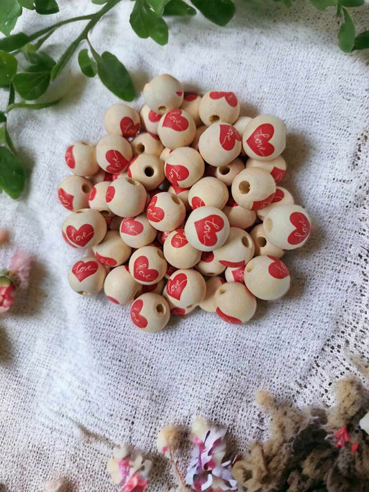 Brown with Love in Red Heart 16mm Wood Spacer Printed Beads - 1091