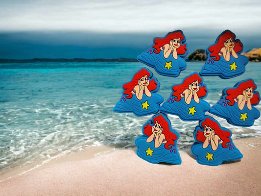 Ariel: Little Mermaid (Blue Background) Sitting on Rock Silicone Focal Bead - 0443