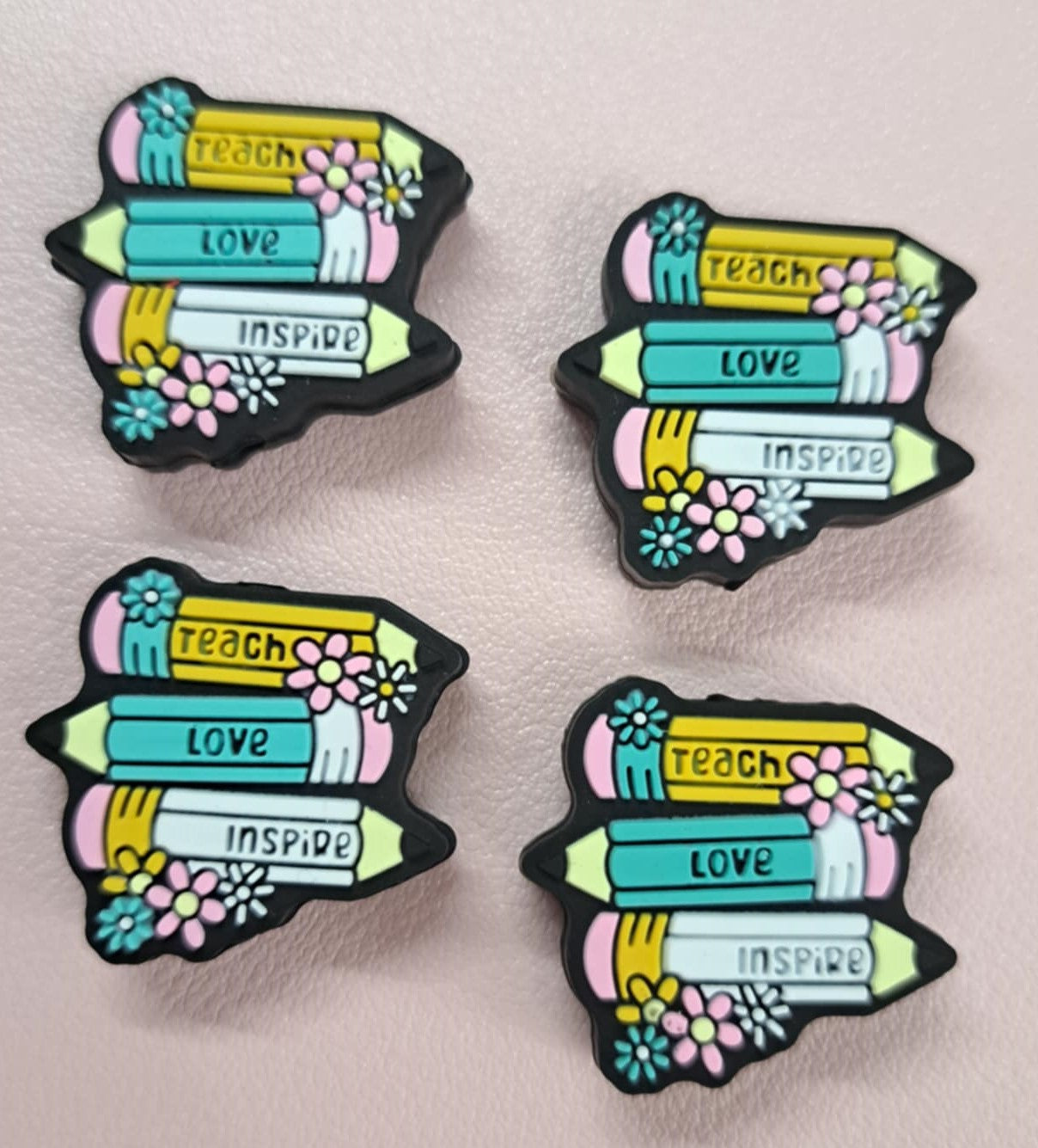 Teach Love Inspire: Three Pencils Stacked with Flowers Silicone Focal Bead