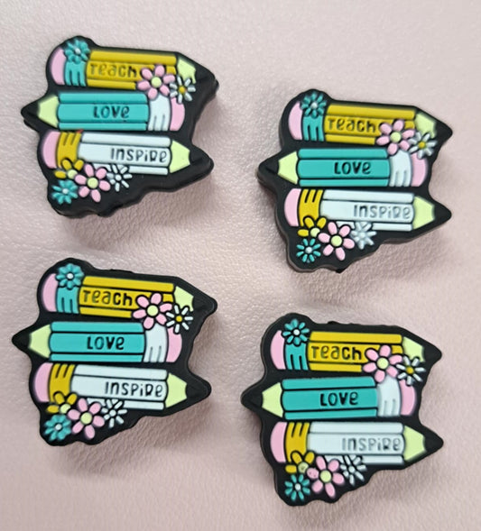 Teach Love Inspire: Three Pencils Stacked with Flowers Silicone Focal Bead