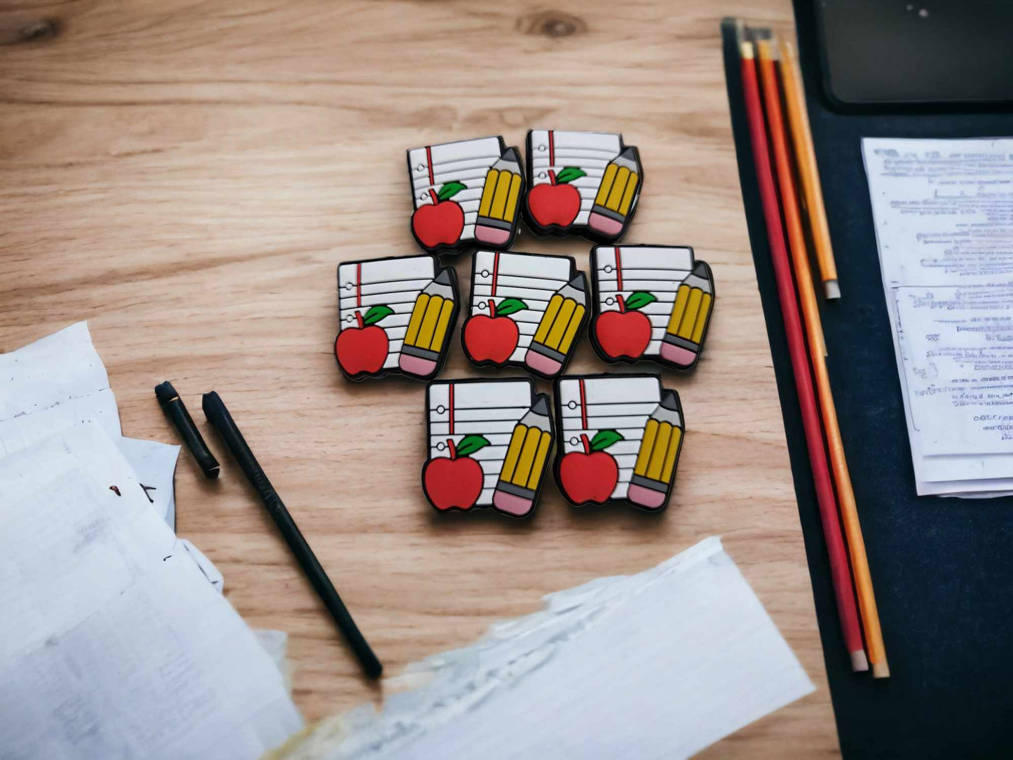 Notebook Paper with Pencil and Apple Silicone Focal Bead - 0394