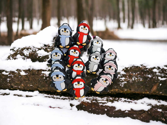 Penguin with Colorful Santa Hat and Scarf Silicone Focal Bead - 0368