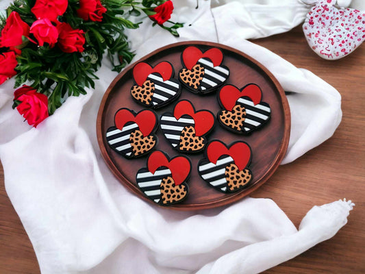 Three Hearts: Red, Striped and Leopard Pattern Silicone Focal Bead - 0384