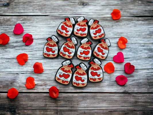 Love Pills: Bottle with Red Hearts Silicone Focal Bead - 0380