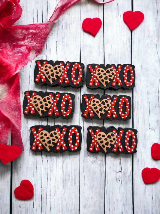 XOXO: Red with White Letters and Brown Heart Silicone Focal Bead - 0563