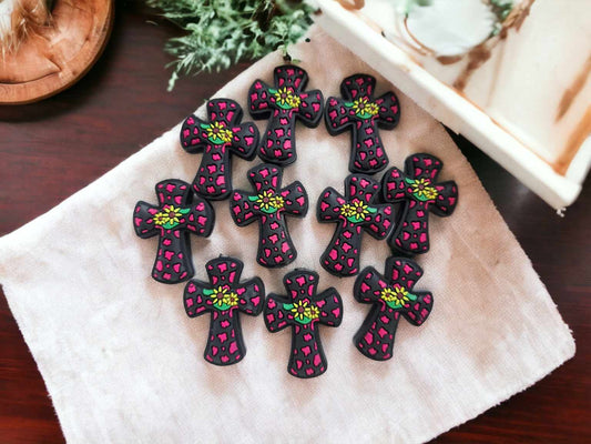 Western Cross with Sunflowers: Black with Hot Pink Cow Print Silicone Focal Bead - 0486