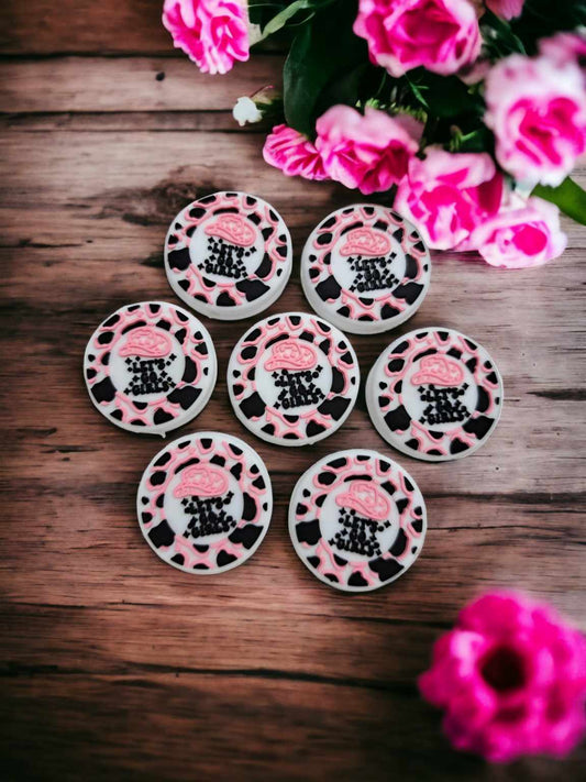 Let's Go Girls with Cowgirl Hat: White Round with Black/Hot Pink/Blue Cow Print Silicone Focal Bead - 0542