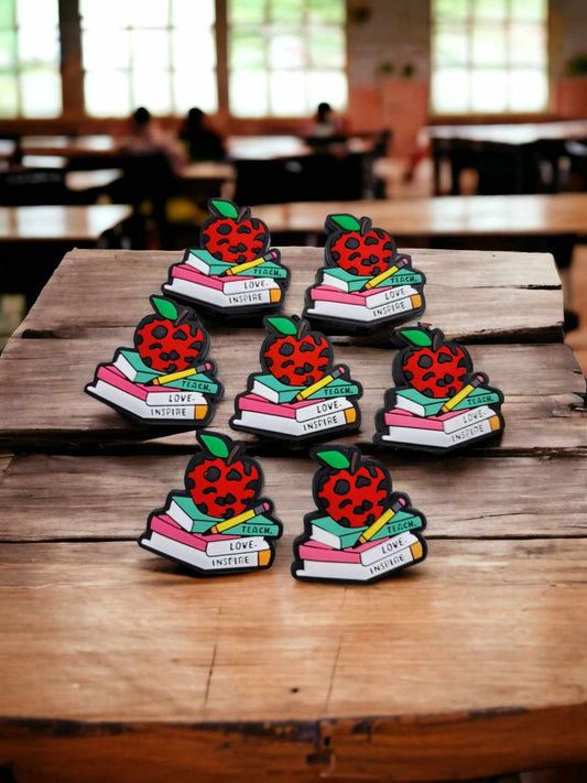 Teach, Love, Inspire: Stack of books with Apple and Pencil Silicone Focal Bead - 0535