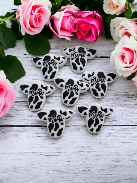 Mama Cow Head with Black Cow Print Spots Silicone Focal Bead - 0550
