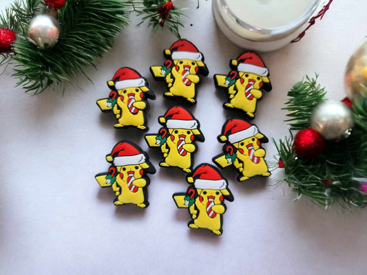 Christmas Pikachu with Santa Hat & Candy Cane: Pokemon Silicone Focal Bead - 0409