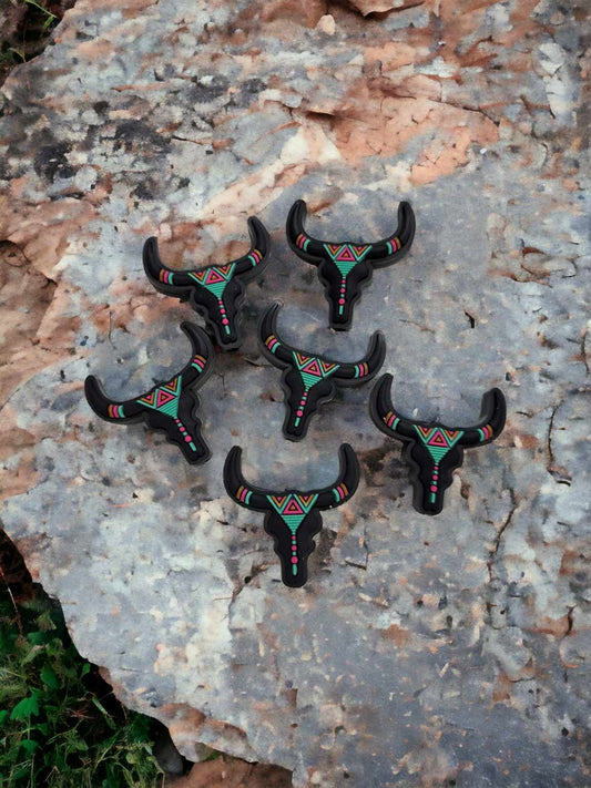 Western Black Bull Skull with Aztec Pattern Silicone Focal Bead - 0545