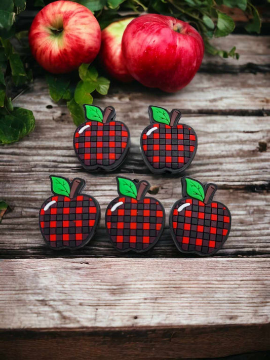 Apple: Red Buffalo Plaid Pattern Silicone Focal Bead - 0531