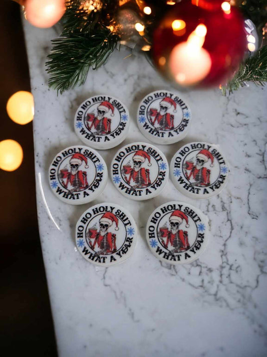 Ho Ho Holy Shit What A Year with Skellie Santa Hat Round Silicone Focal Bead - 0510