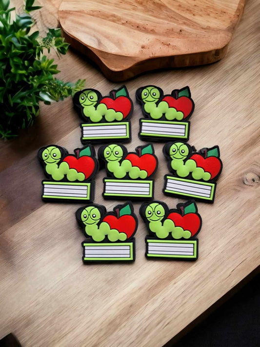 Green Worm Sitting on Book with Red Apple Silicone Focal Bead - 0497