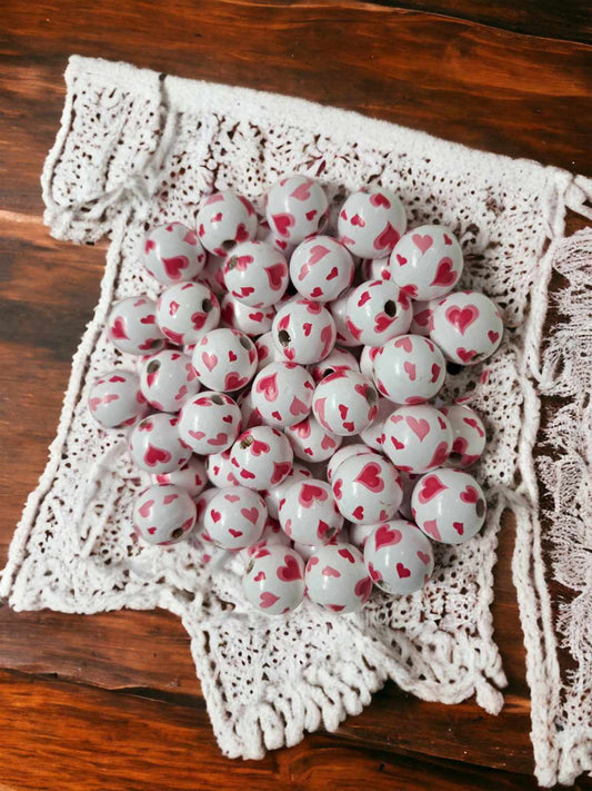 White with Pink/Red Hearts 16mm Wood Spacer Printed Beads - 1090