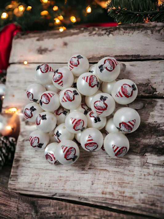 Valentines Gnome with Red/White Striped Hat - White 20mm Acrylic Bubblegum Bead - 1099