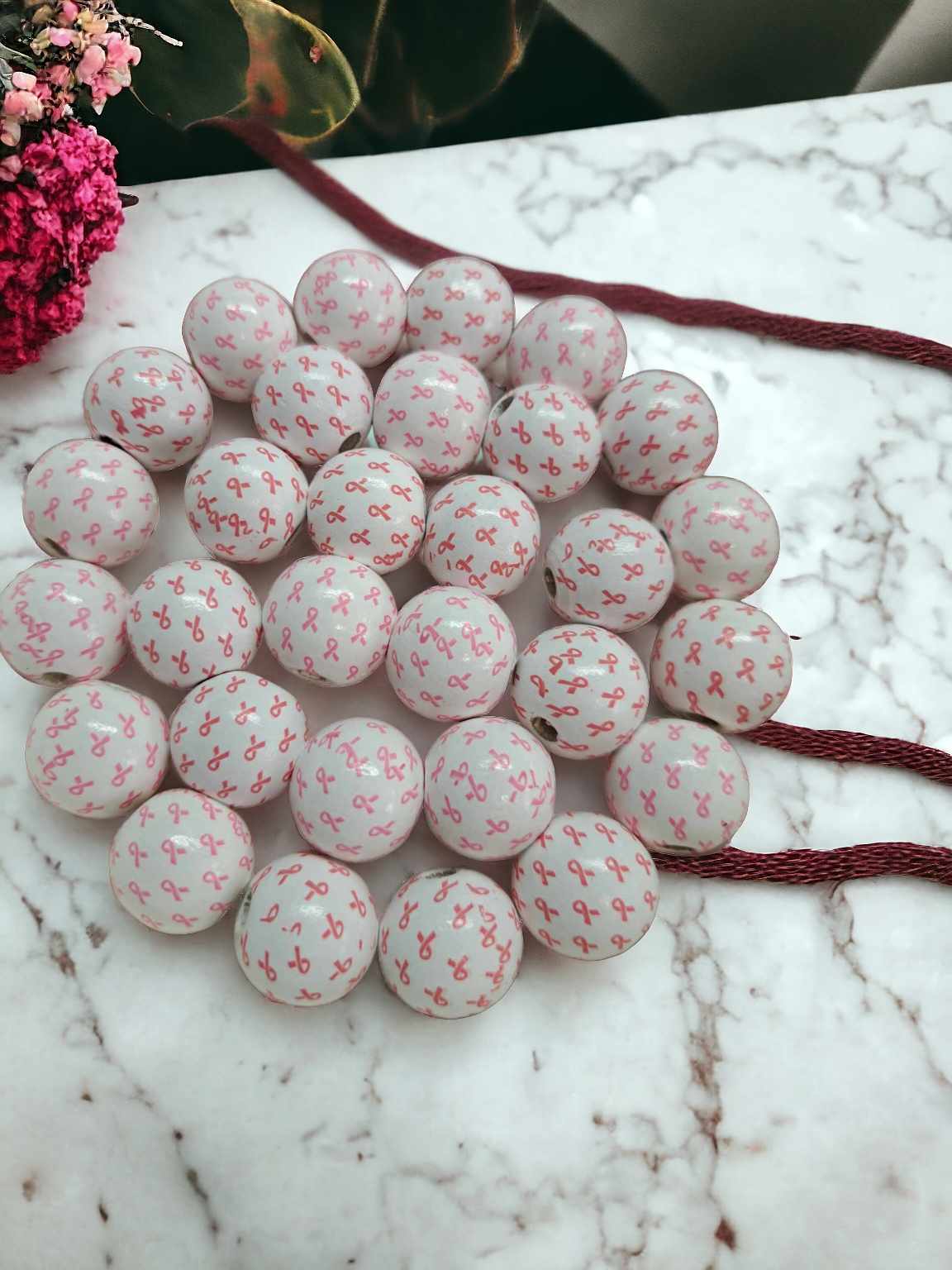 White with Pink Awareness Ribbons 16mm Wood Spacer Printed Beads - 1097