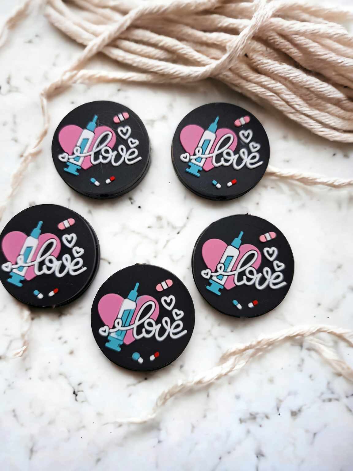 Love Nursing Black Round with Syringe Silicone Focal Bead - 0644