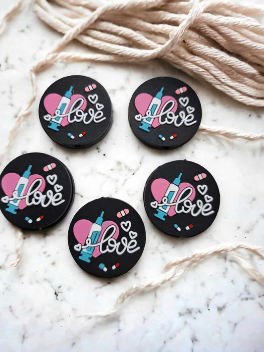 Love Nursing Black Round with Syringe Silicone Focal Bead - 0644