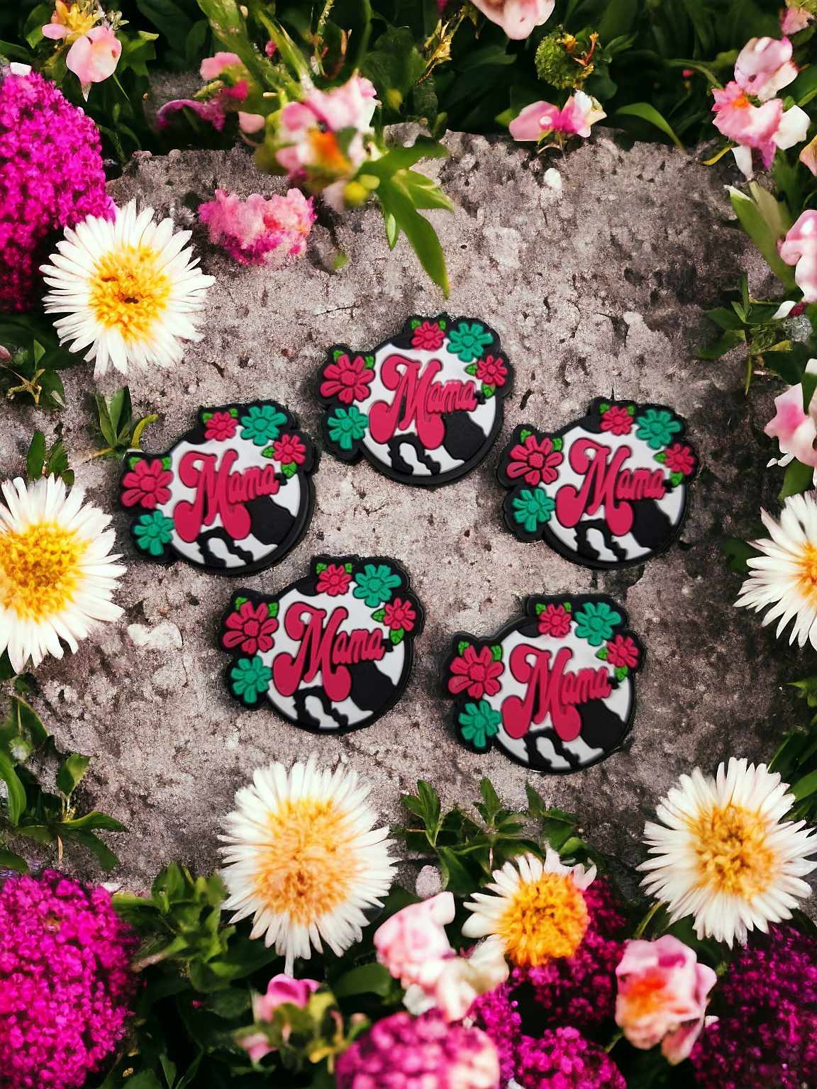 Mama Round with Flowers: White with Pink and Black Silicone Focal Bead - 0649